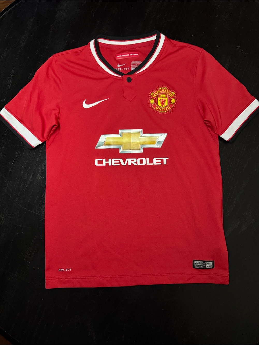 Nike Red Manchester United Youth Soccer Jersey with Gold Sponsor Logo